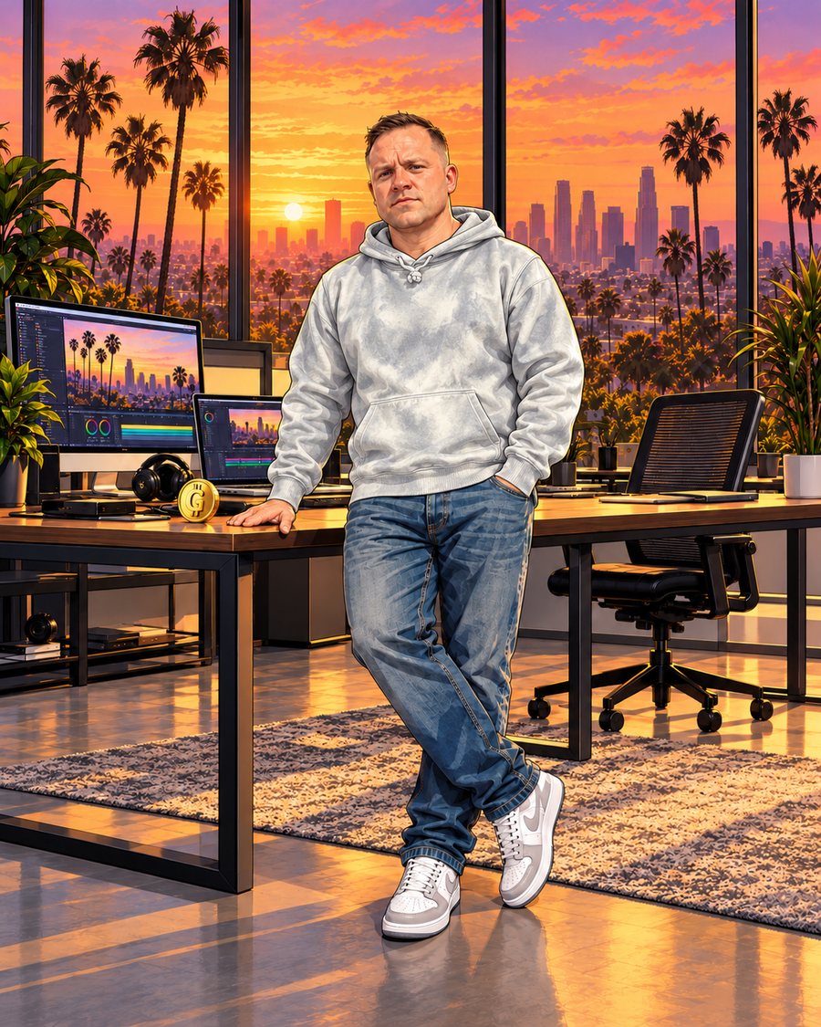 Illustrated portrait of G. in a light gray hoodie, jeans and gray sneakers, leaning on a desk in a sunset-lit studio with palm trees and a city skyline behind him